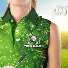 Load image into Gallery viewer, Happy St Patrick's Day Green and Gold Shamrock Ladies Sleeveless Golf Shirt Custom Women Golf Clothes NQS11629