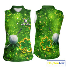 Load image into Gallery viewer, Happy St Patrick's Day Green and Gold Shamrock Ladies Sleeveless Golf Shirt Custom Women Golf Clothes NQS11629