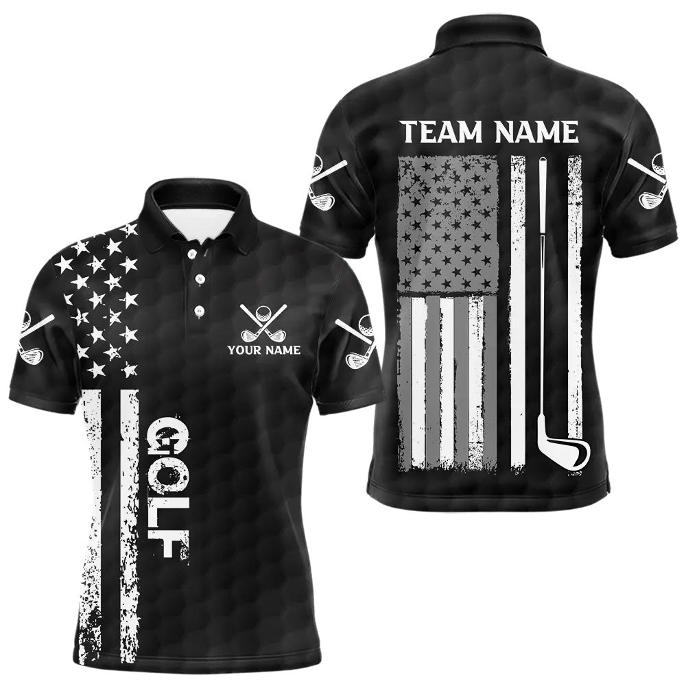 Black and White Retro American Flag Mens golf polo shirts custom team patriotic golf gifts golfer NQS9663
