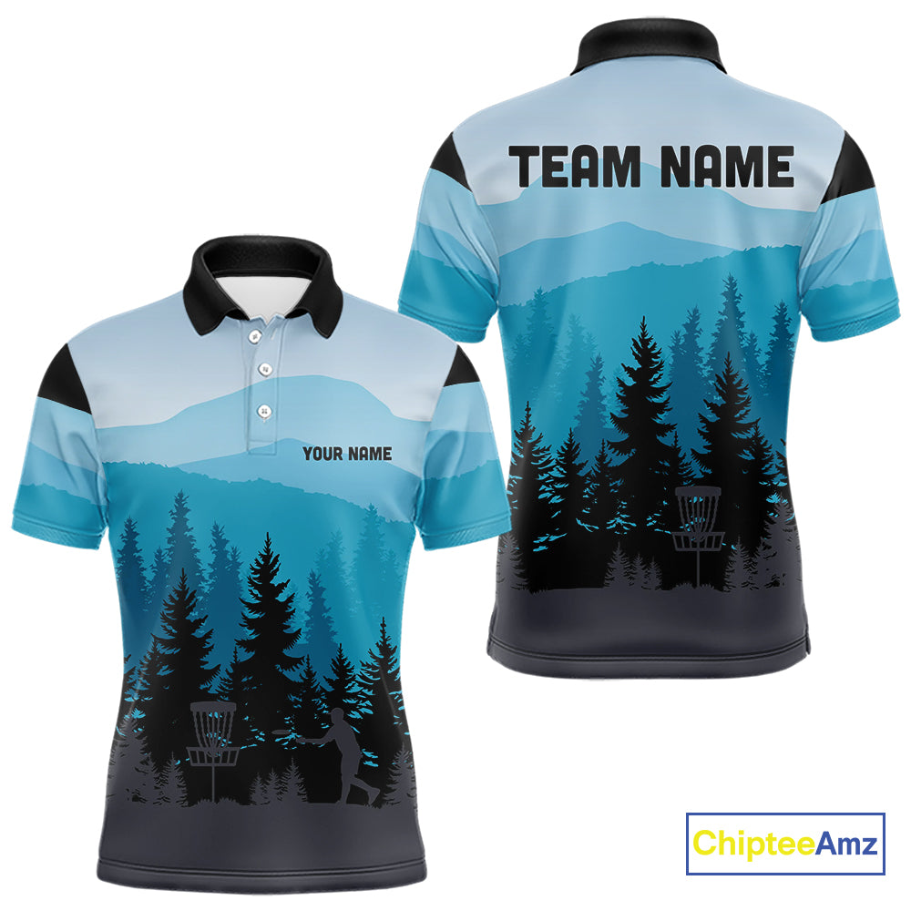 Blue pattern forest Mens Disc golf polo shirts Custom team disc golf jerseys for men NQS9943