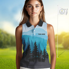 Load image into Gallery viewer, Blue pattern forest Womens sleeveless polo shirt Custom team disc golf jerseys for ladies NQS9943