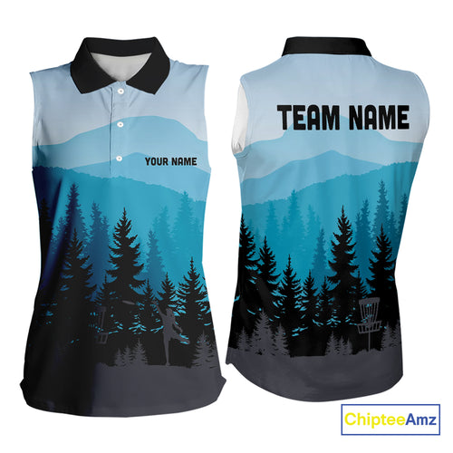Blue pattern forest Womens sleeveless polo shirt Custom team disc golf jerseys for ladies NQS9943