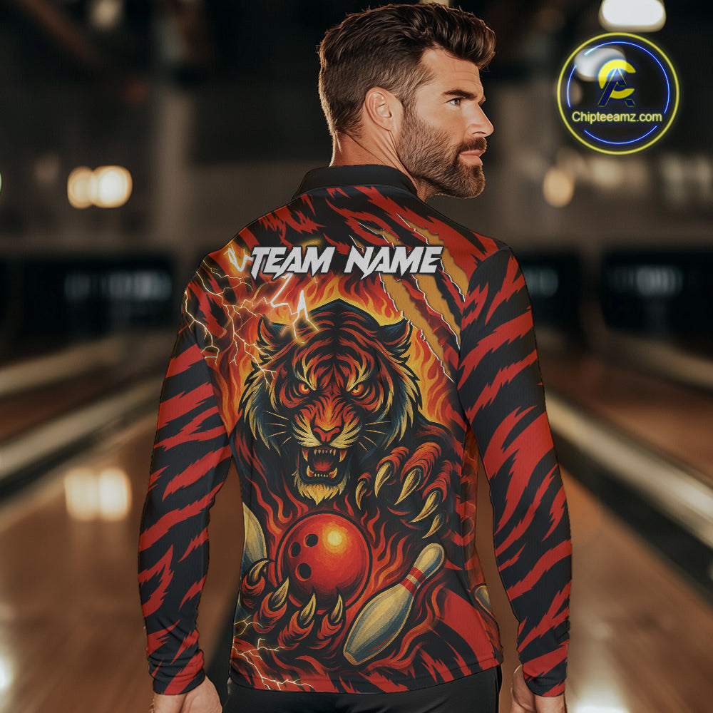 Personalized Tiger Bowling Shirts For Men, Orange Flame Lightning Thunder Tiger Team Bowling Jerseys NQS9947