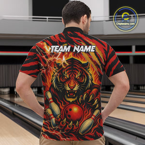 Personalized Tiger Bowling Shirts For Men, Orange Flame Lightning Thunder Tiger Team Bowling Jerseys NQS9947