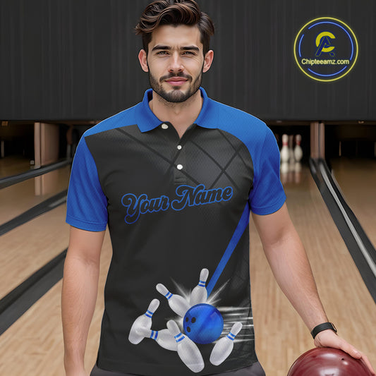Black and blue bowling league jersey custom Mens Bowling Polo, 1/4 zip Shirt, gifts for men bowler NQS10095