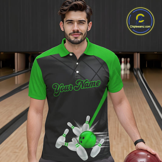 Black and Green bowling league jersey custom Mens Bowling Polo, 1/4 zip Shirt, gifts for men bowler NQS10096