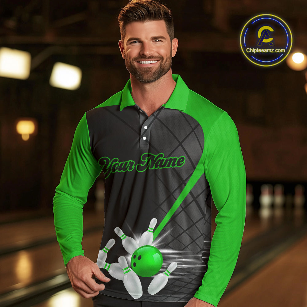 Black and Green bowling league jersey custom Mens Bowling Polo, 1/4 zip Shirt, gifts for men bowler NQS10096