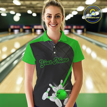 Load image into Gallery viewer, Black &amp; Green bowling league jersey custom Women Bowling Polo, 1/4 zip Shirt, gifts for ladies bowler NQS10096
