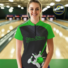 Load image into Gallery viewer, Black &amp; Green bowling league jersey custom Women Bowling Polo, 1/4 zip Shirt, gifts for ladies bowler NQS10096