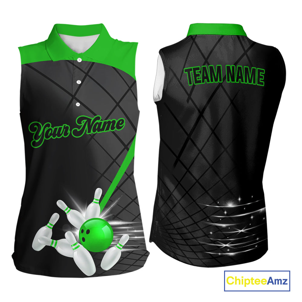 Black & Green bowling league jersey custom Bowling sleeveless polo Shirt, gifts for ladies bowler NQS10096