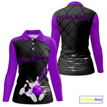 Load image into Gallery viewer, Black &amp; Purple bowling league jersey custom Women Bowling Polo, 1/4 zip Shirt, gift for ladies bowler NQS10097
