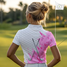 Load image into Gallery viewer, Pink ribbon breast cancer pattern custom name white Women golf polo shirts, team golf tops for ladies NQS10421