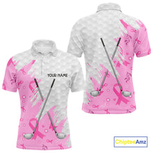 Load image into Gallery viewer, Pink ribbon breast cancer pattern custom name white Mens golf polo shirts, team golf tops for men NQS10421