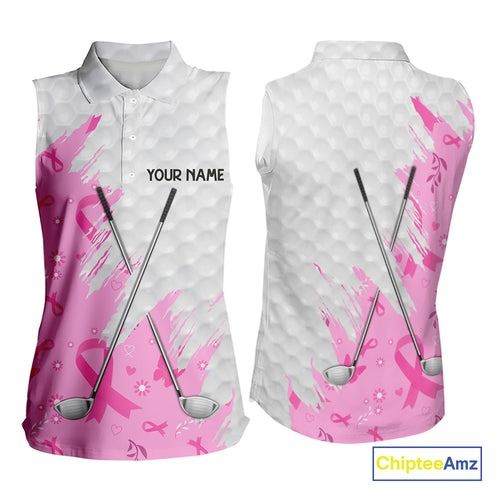 Pink ribbon breast cancer pattern custom name white Women Sleeveless polo shirts team ladies golf top NQS10421