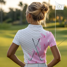 Load image into Gallery viewer, Light Pink ribbon breast cancer pattern custom white Women golf polo shirt, team ladies golf top NQS10422