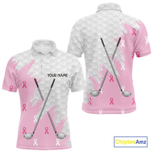 Load image into Gallery viewer, Light Pink ribbon breast cancer pattern custom white Mens golf polo shirts, team golf clubs mens tops NQS10422