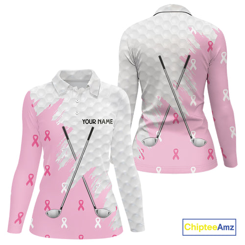 Light Pink ribbon breast cancer pattern custom white Women golf polo shirt, team ladies golf top NQS10422