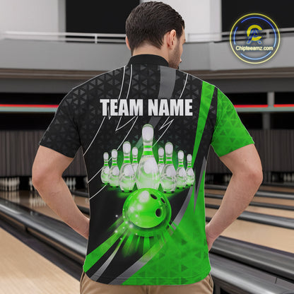 Black and Green Bowling Camo Polo, 1/4 Zip Shirt for Men Custom Team Bowling jerseys, Bowler Outfit NQS10425