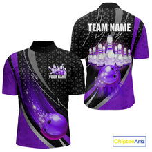 Load image into Gallery viewer, Black and Purple Bowling Camo Polo, 1/4 Zip Shirt for Men Custom Team Bowling jerseys, Bowler Outfit NQS10426