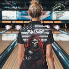 Load image into Gallery viewer, Black &amp; White Camo American Flag Red Flame Skull Reaper Women Bowling Shirt Custom Team Bowling Shirt NQS10852
