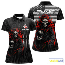 Load image into Gallery viewer, Black &amp; White Camo American Flag Red Flame Skull Reaper Women Bowling Shirt Custom Team Bowling Shirt NQS10852