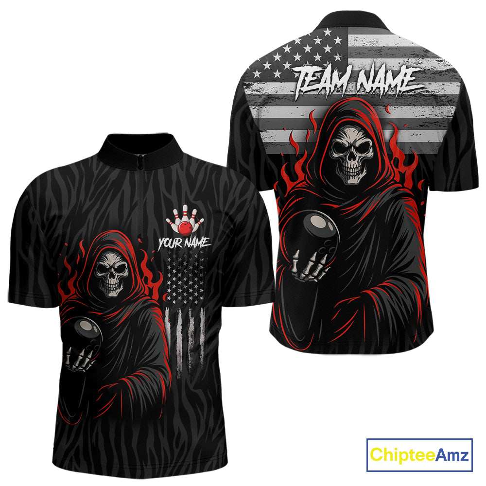Black & White Camo American Flag Red Flame Skull Reaper Mens Bowling Shirt Custom Team Bowling Jersey NQS10852