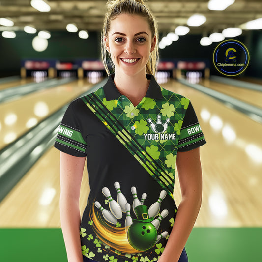Black and Green shamrock argyle pattern Bowling Shirt For Women Custom St Patrick Team Bowling Jersey NQS11237