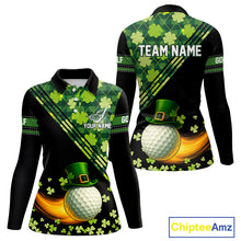 Load image into Gallery viewer, Black and Green shamrock argyle pattern Golf Polo Shirts For Women Custom St Patrick ladies golf top NQS11238