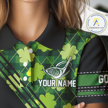 Load image into Gallery viewer, Black and Green shamrock argyle pattern Golf Polo Shirts For Women Custom St Patrick ladies golf top NQS11238