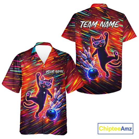 Funny Colorful Neon Cat Hawaiian Bowling Jerseys custom Button up Bowling Team League Shirt NQS11429