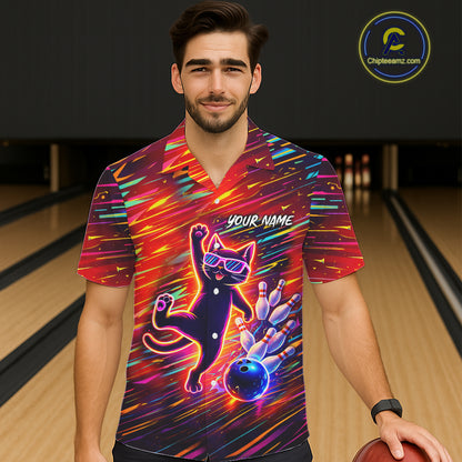 Funny Colorful Neon Cat Hawaiian Bowling Jerseys custom Button up Bowling Team League Shirt NQS11429
