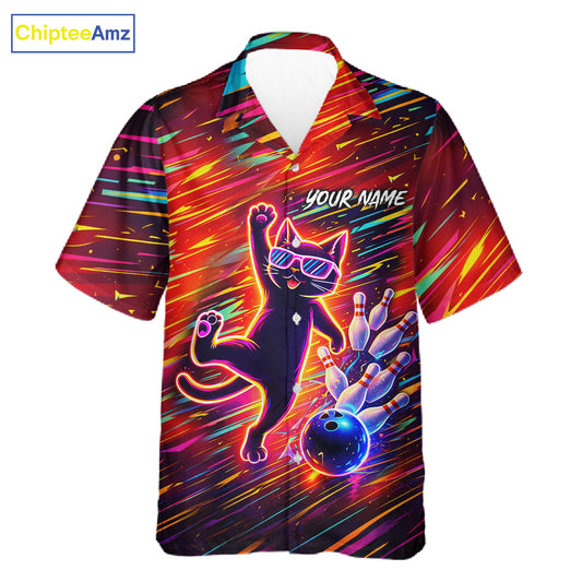 Funny Colorful Neon Cat Hawaiian Bowling Jerseys custom Button up Bowling Team League Shirt NQS11429