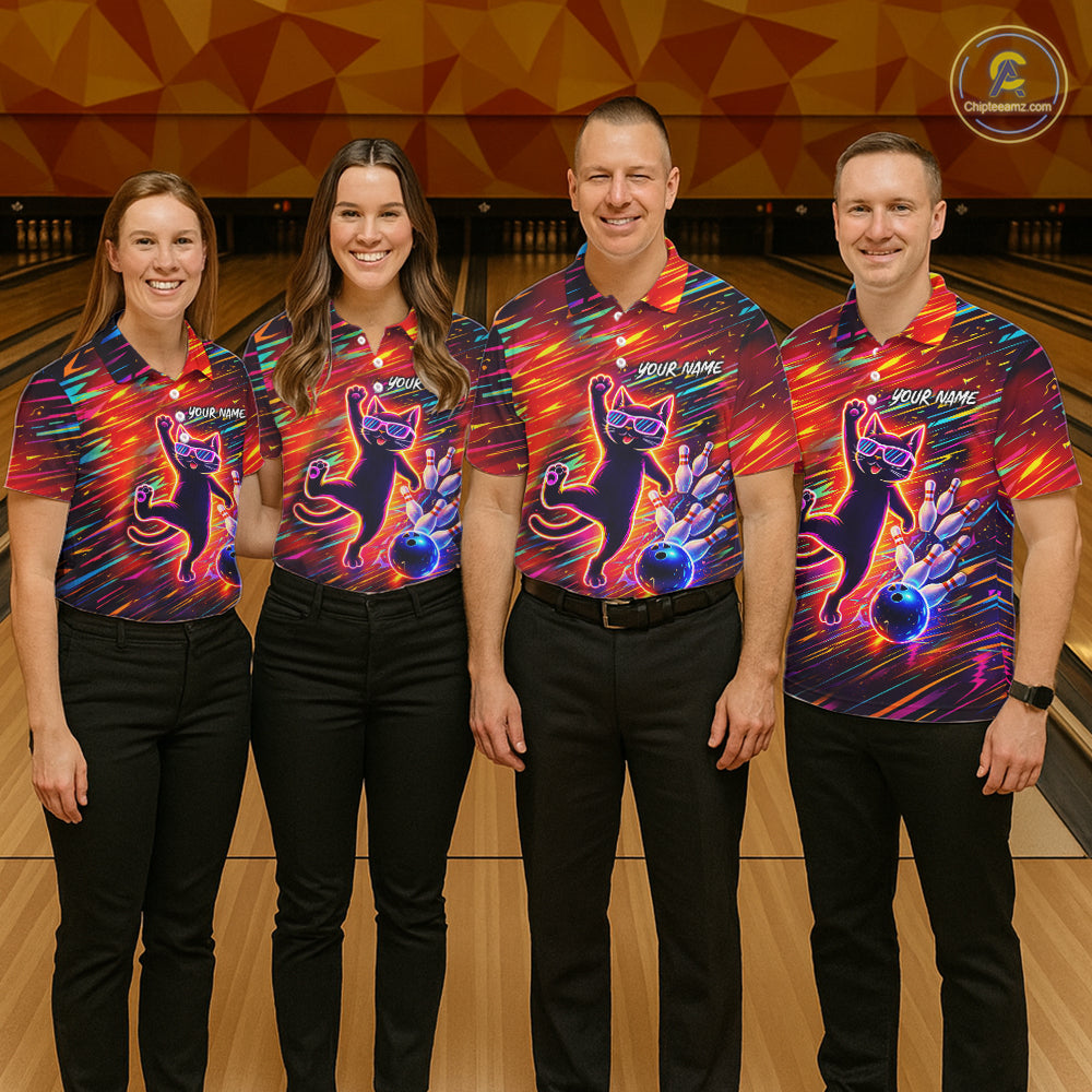 Funny Colorful Neon Cat Bowling Polo shirt, 1/4 zip shirts for Women custom Bowling Team League Shirt NQS11429