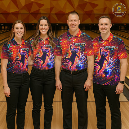 Funny Colorful Neon Cat Bowling Polo shirt, 1/4 zip shirts for Women custom Bowling Team League Shirt NQS11429