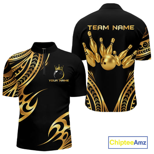 Black and Gold tribal pattern Bowling Polo, Quarter Zip Shirts For Men Custom Bowling Team Jerseys NQS11732