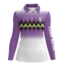 Load image into Gallery viewer, Purple graphic stripe argyle pattern custom Womens golf polo shirts, personalized ladies golf tops NQS7611