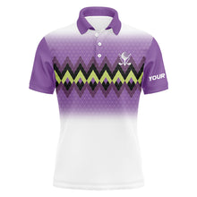Load image into Gallery viewer, Purple graphic stripe argyle pattern custom Mens golf polo shirts, personalized mens golf tops NQS7611