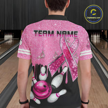 Load image into Gallery viewer, Black and Pink ribbon glitter Bowling Shirts For Men Custom breast cancer team bowling jerseys NQS9950