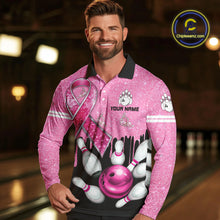 Load image into Gallery viewer, Black and Pink ribbon glitter Bowling Shirts For Men Custom breast cancer team bowling jerseys NQS9950