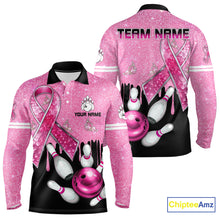 Load image into Gallery viewer, Black and Pink ribbon glitter Bowling Shirts For Men Custom breast cancer team bowling jerseys NQS9950