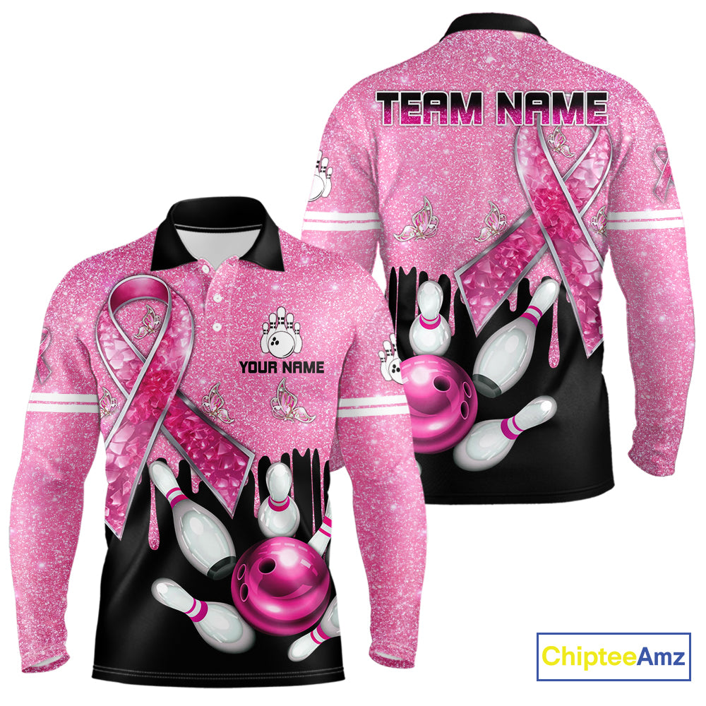 Black and Pink ribbon glitter Bowling Shirts For Men Custom breast cancer team bowling jerseys NQS9950