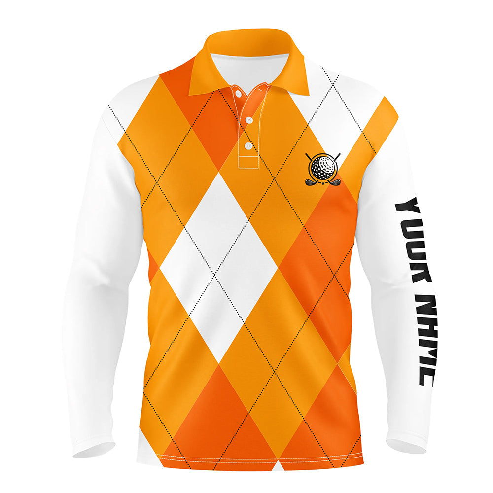 Mens golf polo shirts custom orange and white golf argyle plaid pattern, personalized golf gifts NQS7804