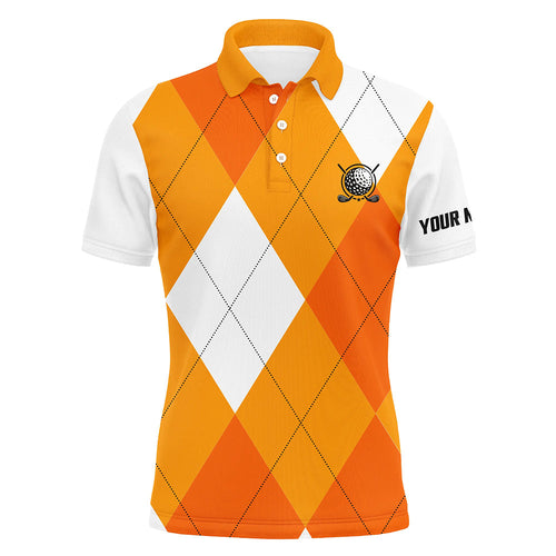 Mens golf polo shirts custom orange and white golf argyle plaid pattern, personalized golf gifts NQS7804