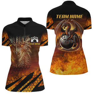 Black And Orange Custom Dragon Flame Bowling Shirts For Women, Dragon Fire Bowling Team Shirts NQS8234