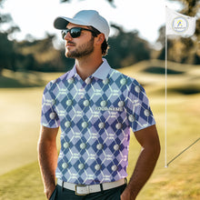 Load image into Gallery viewer, Mens golf polo shirts custom blue argyle plaid pattern golf attire for men, golfer gifts NQS10434