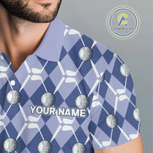 Load image into Gallery viewer, Mens golf polo shirts custom blue argyle plaid pattern golf attire for men, golfer gifts NQS10434