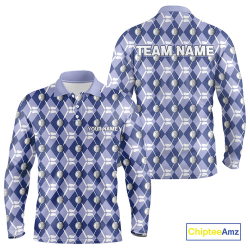 Mens golf polo shirts custom blue argyle plaid pattern golf attire for men, golfer gifts NQS10434