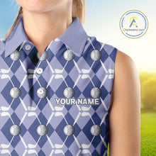 Load image into Gallery viewer, Women sleeveless polo shirt custom blue argyle plaid pattern golf attire for ladies, golfer gifts NQS10434