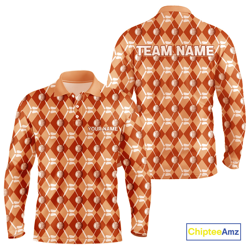 Mens golf polo shirts custom orange argyle plaid pattern golf attire for men, golfer gifts NQS10436