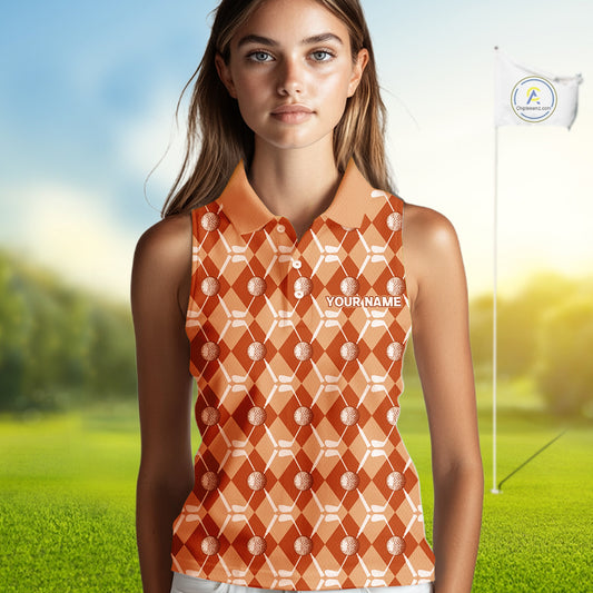 Women sleeveless polo shirt custom orange argyle plaid pattern golf attire for ladies, golfer gifts NQS10436